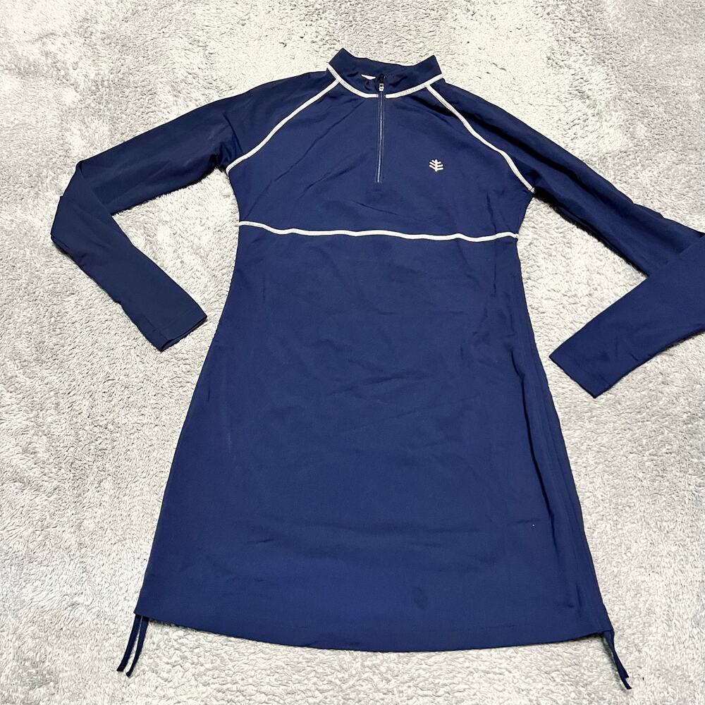 Coolibar Mini Dress Womens XS Quarter Zip Crew Neck Long Sleeve Ruched Blue
